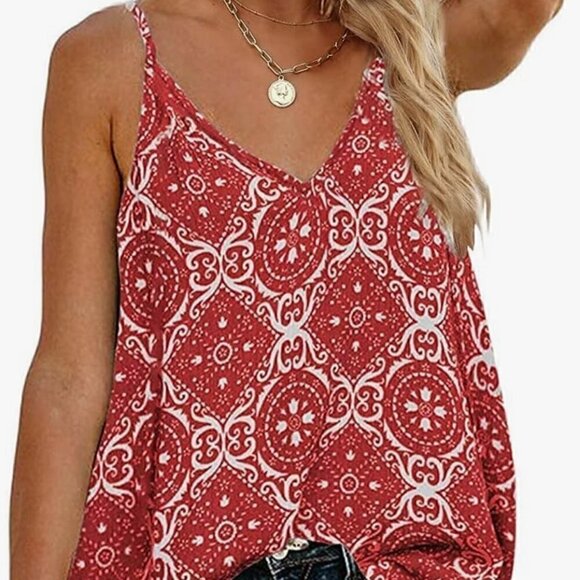 Women's Boho Floral V Neck Spaghetti Strap Tank Red & White Size M NWOT - Picture 1 of 3